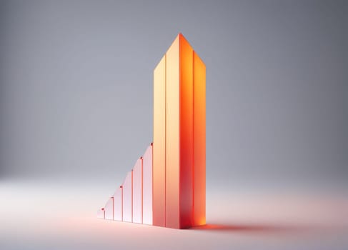 An abstract geometric structure made of orange prisms rises prominently in a minimalist setting. The design illustrates the concept of growth through its ascending form, reflecting optimism and potential in a contemporary business atmosphere.
