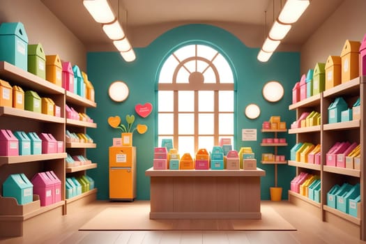 The vibrant store features shelves filled with assorted gift boxes in various colors. Sunlight streams through large windows, illuminating the playful decor. A bright orange refrigerator adds a cheerful touch to the space.