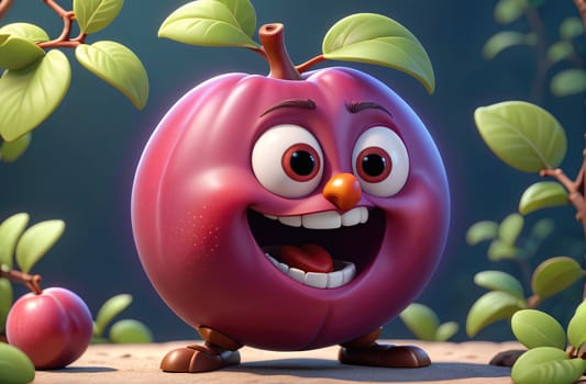 A vibrant cartoon apple character stands joyfully with a wide smile, showcasing its big eyes and cheerful demeanor. Surrounded by lush green leaves, this charming figure adds a lively touch to the enchanting environment.