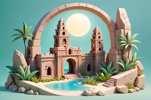 A cartoonish drawing of a beach with a large archway and two small buildings. The archway is surrounded by palm trees and the buildings are in the background. Scene is peaceful and relaxing