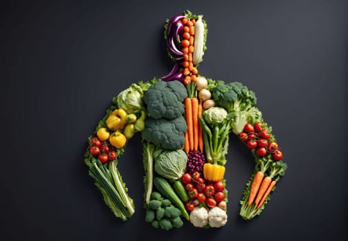 Fresh vegetables are artfully arranged to create the silhouette of a human figure against a dark backdrop. This vibrant display highlights various produce including broccoli, carrots, and bell peppers, emphasizing the importance of a healthy diet.