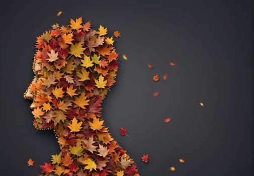 The artwork features a silhouette of a person created from colorful autumn leaves, predominantly in shades of orange, yellow, and red. The figure appears to be in profile, surrounded by falling leaves that enhance the seasonal theme. The background is a deep, dark color that contrasts with the vibrant hues of the leaves.