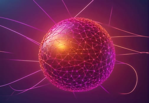 The vibrant spherical structure is intricately designed with a network of lines and nodes, emanating glowing energy pulses. Set against a captivating gradient background, the scene captures a blend of scientific and artistic expression, suggesting motion and dynamism.