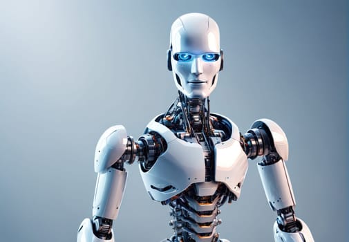 This humanoid robot showcases a blend of advanced technology and artistry, featuring realistic facial expressions and intricate design elements. Situated against a sleek backdrop, the robot's glowing blue eyes and intricate mechanical details highlight the advancements in robotics.