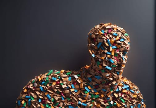 A human figure stands silently, intricately covered in a mosaic of colorful wood shavings, showcasing an abstract interpretation of the human form. The setting includes a neutral background that enhances the vibrancy of the shavings, reflecting creativity and artistic expression.