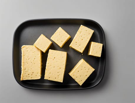 A black tray with a variety of cheese blocks on it. The cheese blocks are cut into squares and are arranged in a way that they look like they are stacked on top of each other