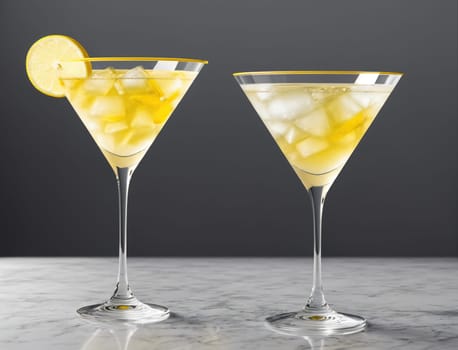 Two beautifully crafted cocktails are elegantly displayed, featuring a bright yellow and refreshing lemon flavor. Each drink is garnished with a slice of lemon and filled with ice, showcasing a crisp, inviting appearance. The sophisticated glassware enhances the overall aesthetic, while the marble countertop provides a luxurious backdrop.