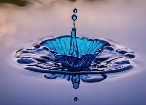 A striking blue water droplet falls gracefully into still water, creating intricate ripple patterns that shimmer under the soft light of dusk. The moment captures the delicate interplay between water and light, showcasing nature's beauty and grace.