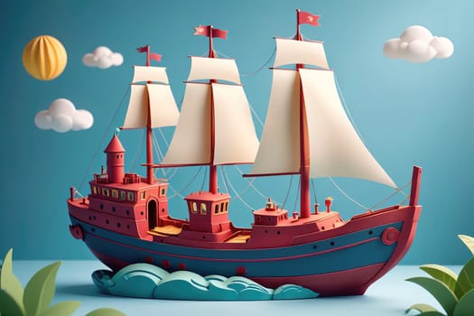 A vibrant model of a ship crafted from paper floats gracefully against a bright blue backdrop. The ship features multiple sails and is adorned with playful details, including clouds and balloons, creating a whimsical atmosphere.