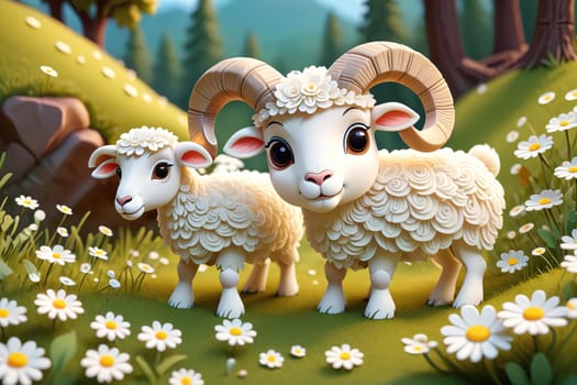 Two charming cartoon sheep, one larger and one smaller, graze peacefully in a lush meadow adorned with vibrant daisies and bright green grass. The background features softly rolling hills and tall trees, creating a serene pastoral atmosphere.