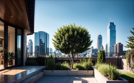 The stunning rooftop showcases a vibrant green tree surrounded by neatly arranged shrubs and plants. In the background, the iconic Chicago skyline rises against a clear blue sky, highlighting the city's modern architecture and urban landscape.