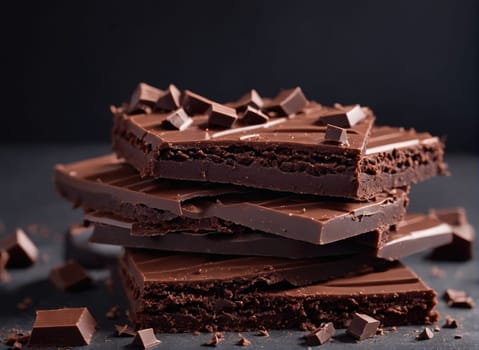 Rich, luscious chocolate bars are neatly stacked with scattered chocolate pieces, showcasing their smooth texture and deep color. The dark backdrop accentuates the indulgent appeal of the confectionery, inviting a taste of sweetness.