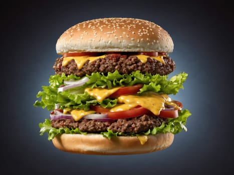 A mouthwatering cheeseburger is crafted with a fluffy sesame seed bun filled with lettuce, onions, tomatoes, and two juicy beef patties, perfectly melted cheese draping the layers. The vibrant colors and textures make it an appealing choice for burger lovers.