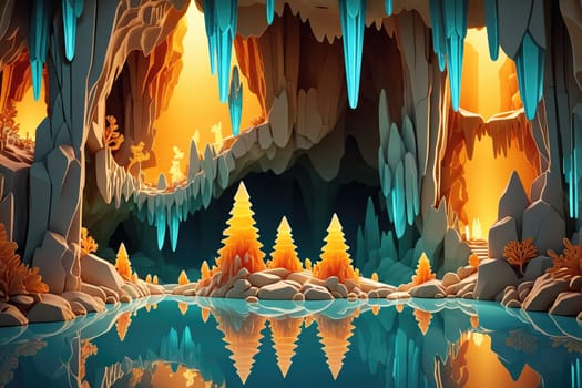 A breathtaking underground cave is revealed, showcasing a tranquil body of water reflecting the vibrant colors of the stalactites above. Glowing crystals hang from the ceilings, while evergreen trees surround the serene water, enhancing the enchanting atmosphere.