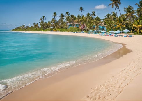 The sun rises gently over a pristine tropical beach, illuminating the clear turquoise waters and soft sandy shore. Lush palm trees line the beach, casting shadows on the warm sand while brightly colored beach chairs extend along the waterfront, inviting visitors to relax.