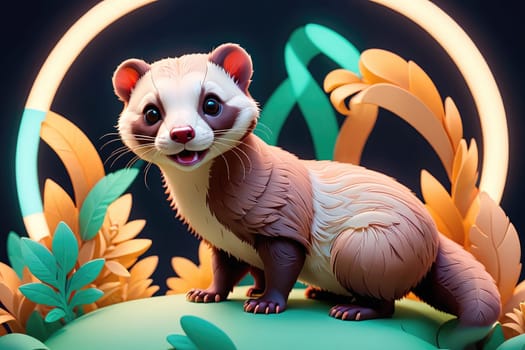 A playful cartoon ferret with a cheerful expression stands prominently amidst vibrant tropical leaves, creating a delightful and whimsical atmosphere. The creature's fur is intricately detailed, contrasting beautifully with the surrounding greenery and colorful background elements.