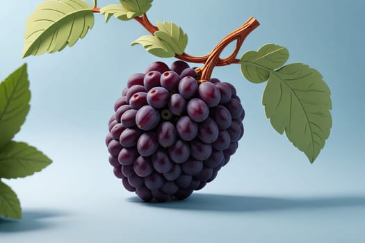 A bunch of fresh, vibrant grapes hangs on a branch, showcasing their shiny skin and beautiful color. The branch is adorned with lush green leaves, creating a natural and appealing composition. The soft background enhances the visual appeal of the grapes, making them the focal point.