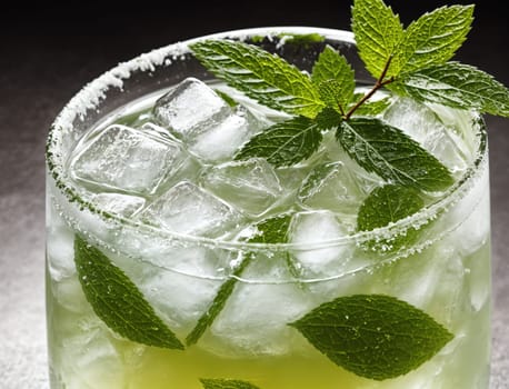 A vibrant beverage featuring fresh mint leaves rests in a clear glass filled with ice cubes. The rim of the glass is coated with sugar, enhancing the drink's appearance and flavor. The natural green hue of the mint adds a refreshing touch to this delightful concoction, perfect for any occasion.