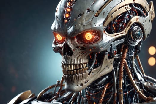 A detailed depiction of a cybernetic skull featuring glowing orange eyes, showcasing intricate metalwork and wiring. The composition highlights the blend of technology and anatomy, emphasizing the mechanical aspects of the design against a softly illuminated backdrop.