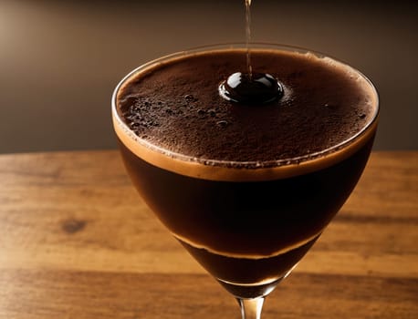A bartender skillfully pours a rich espresso martini into a stylish glass, highlighting the creamy texture and enticing dark chocolate layers. The warm ambiance of the bar enhances the sophisticated atmosphere of this enjoyable moment.