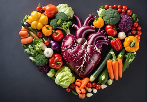 A heart made of vegetables and fruits. The heart is surrounded by a variety of vegetables and fruits, including broccoli, carrots, and tomatoes. Concept of health and vitality