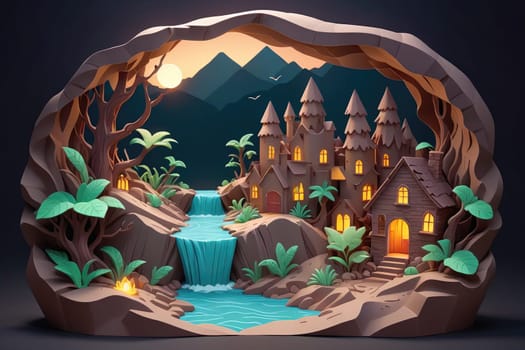 The artwork showcases a whimsical village nestled within a rock formation, highlighted by a cascading waterfall. Lush greenery surrounds the quaint buildings, and the setting sun casts a warm glow, enhancing the charm of the scene.