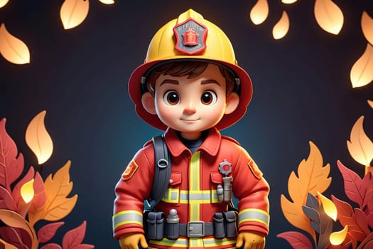 A cartoonish child wearing a fireman's hat and a red jacket. The child is smiling and he is happy