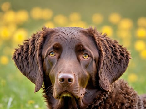 A playful brown dog stands proud, its curly fur glistening in the sunlight. Surrounded by a vibrant field of yellow flowers, the dog's expressive eyes convey curiosity and joy, perfectly capturing the essence of a carefree spring day.