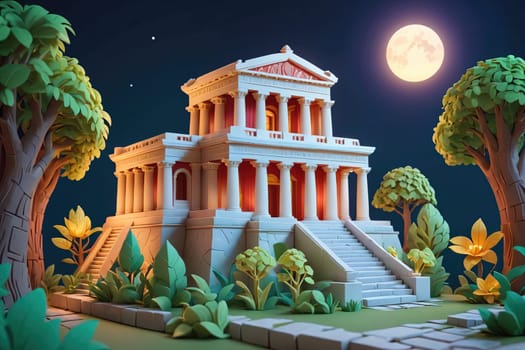 A large white building with red pillars and a large moon in the background. The building is surrounded by trees and bushes, giving it a peaceful and serene atmosphere