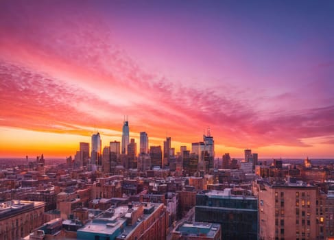 As the sun sets over Philadelphia, the skyline is illuminated by a captivating display of colors. The vibrant clouds fill the sky, creating a stunning backdrop for the city's skyscrapers. Below, urban architecture contrasts beautifully with the natural light, showcasing the city's unique charm during this magical hour.