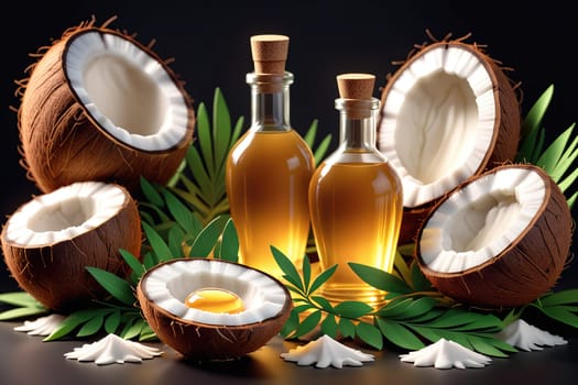 A stunning display features freshly cut coconuts alongside elegant glass bottles filled with golden coconut oil. Lush green leaves surround the arrangement, enhancing the natural beauty and tropical feel of the composition. The contrast of textures and colors creates a visually appealing aesthetic for culinary enthusiasts.