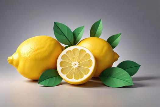 Fresh lemons are artfully arranged, with one whole lemon and a sliced lemon placed beside vibrant green leaves. The minimalist gray background enhances the bright yellow color of the lemons, creating a striking visual appeal.