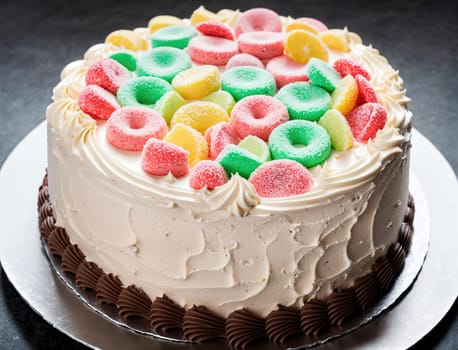 A beautifully designed cake is showcased, adorned with an array of vibrant candy pieces in various shapes. The inviting dessert features a creamy frosting and decorative borders, making it a centerpiece for a joyful celebration.