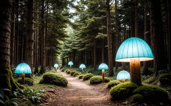 A winding path through a serene forest is illuminated by unique blue mushroom-shaped lamps that offer a magical glow. The surrounding trees create a tranquil atmosphere, enhancing the enchanting experience of walking through this beautifully lit landscape during the evening hours.
