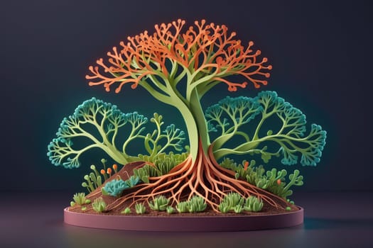 The artwork presents a stunning three-dimensional representation of a tree, emphasizing its elaborate branches and roots. Bright colors blend harmoniously to create a vivid display of nature, with additional elements of greenery surrounding the trunk. The unique design captures the essence of organic forms in a creative and visually appealing manner.