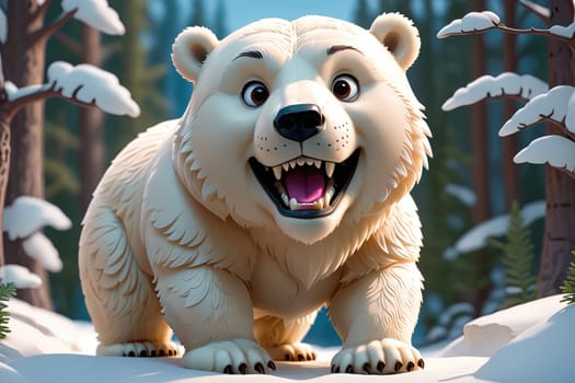 A cheerful animated polar bear is depicted in a snowy forest, showcasing a wide smile. The bear stands among tall evergreen trees, covered in white snow, capturing the essence of winter. The bright colors and playful expression evoke a sense of joy and wonder.