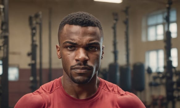 A focused male athlete prepares for an intense workout within a training facility. The determination in his expression showcases dedication as he mentally gears up for the physical challenges ahead. The gym is equipped with various training apparatus, enhancing the environment for strength building and conditioning.