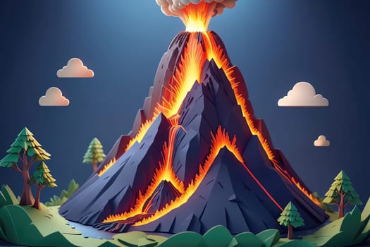 A striking representation of a volcanic eruption is showcased with vibrant lava flowing down the sides of a steep mountain. The scene is enhanced by a backdrop of puffy clouds and lush greenery, capturing the intensity of the natural disaster beautifully.