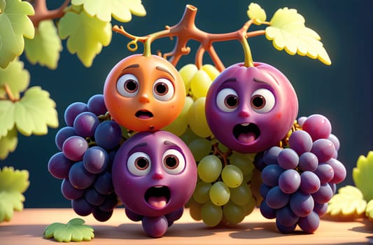Three colorful animated fruits display exaggerated expressions of surprise as they sit among clusters of grapes in a vibrant, sunny setting. Their wide eyes and open mouths convey a sense of wonder and excitement. The surrounding green leaves enhance the playful atmosphere.