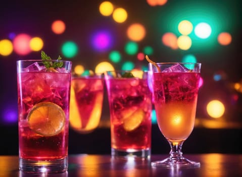 Vibrant cocktails filled with ice and garnished with fresh citrus slices are displayed in glasses, set against a backdrop of colorful bokeh lights creating a festive atmosphere for evening celebrations.