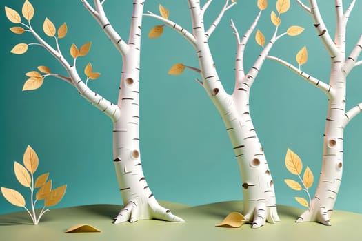 A creative arrangement features birch trees crafted from paper, showcasing their characteristic white trunks and golden leaves. The backdrop is a vibrant blue, enhancing the artistic expression of the scene, reminiscent of autumn. Various leaves scattered around contribute to the seasonal theme.