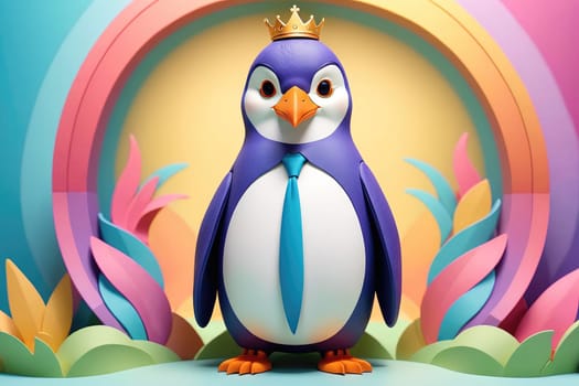 A vibrant cartoon penguin stands proudly, adorned with a golden crown and a stylish tie, set against a whimsical backdrop featuring bright pastel colors and a rainbow. The playful atmosphere is enhanced by the surrounding foliage, creating a joyful and imaginative setting.