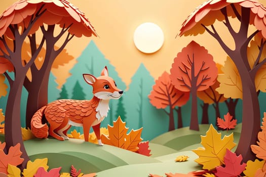 The scene depicts a whimsical fox exploring a rich, autumnal landscape filled with vibrant leaves in shades of orange and yellow. Tall trees in the background create a picturesque setting, illuminated by a warm sun. The playful fox stands on a grassy hill, curiously observing its surroundings.