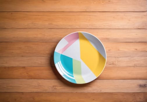 A vibrant plate features a geometric design with bold colors, placed neatly on a wooden table. The bright hues of yellow, teal, pink, and white stand out against the natural wood, creating an inviting atmosphere perfect for dining or aesthetic display.