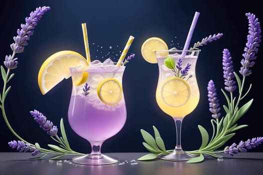 Two elegant drinks are presented, showcasing a lavender lemonade and a violet cocktail. Each features vibrant colors, garnished with lemon slices and lavender sprigs, set against a dark background to highlight their refreshing appeal.