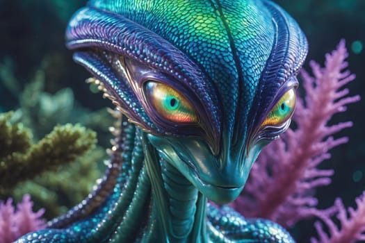 An alien creature with iridescent skin and large, expressive eyes watches over a lively underwater reef. Surrounded by colorful corals and various marine species, it seems curious and attentive, showcasing the wonders of aquatic life within its environment.