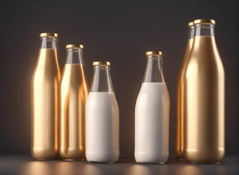 A collection of glass milk bottles showcases a blend of gold and white designs. The varying sizes of the bottles create a visual interest against a softly lit, dark backdrop, emphasizing their unique aesthetic and craftsmanship.
