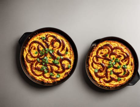 Two beautifully baked quiches sit on a kitchen counter, showcasing intricate swirl patterns on top. The golden crusts are garnished with fresh herbs, adding a vibrant touch. The warm atmosphere of the cozy kitchen enhances the home-cooked appeal of this scrumptious dish, perfect for any meal.