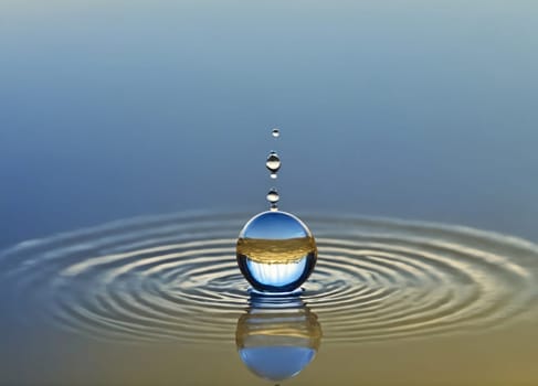 A single droplet creates ripples as it falls into a serene, blue expanse of water. The early morning light casts a gentle glow, enhancing the tranquil atmosphere and emphasizing the beauty of nature's simple moments.