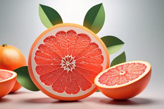 A visually striking arrangement features a freshly sliced grapefruit alongside whole oranges, showcasing their bright colors and intricate textures. Green leaves enhance the natural appeal, creating a refreshing composition perfect for a healthy lifestyle theme.